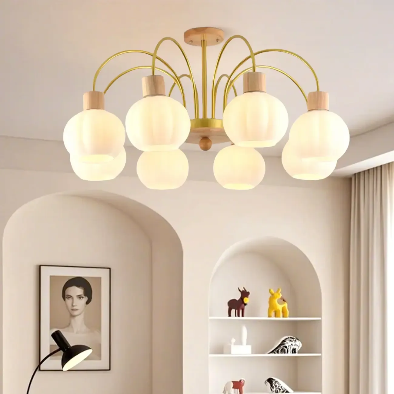 Gold Arch Wood Accent White Glass Orb Chandelier