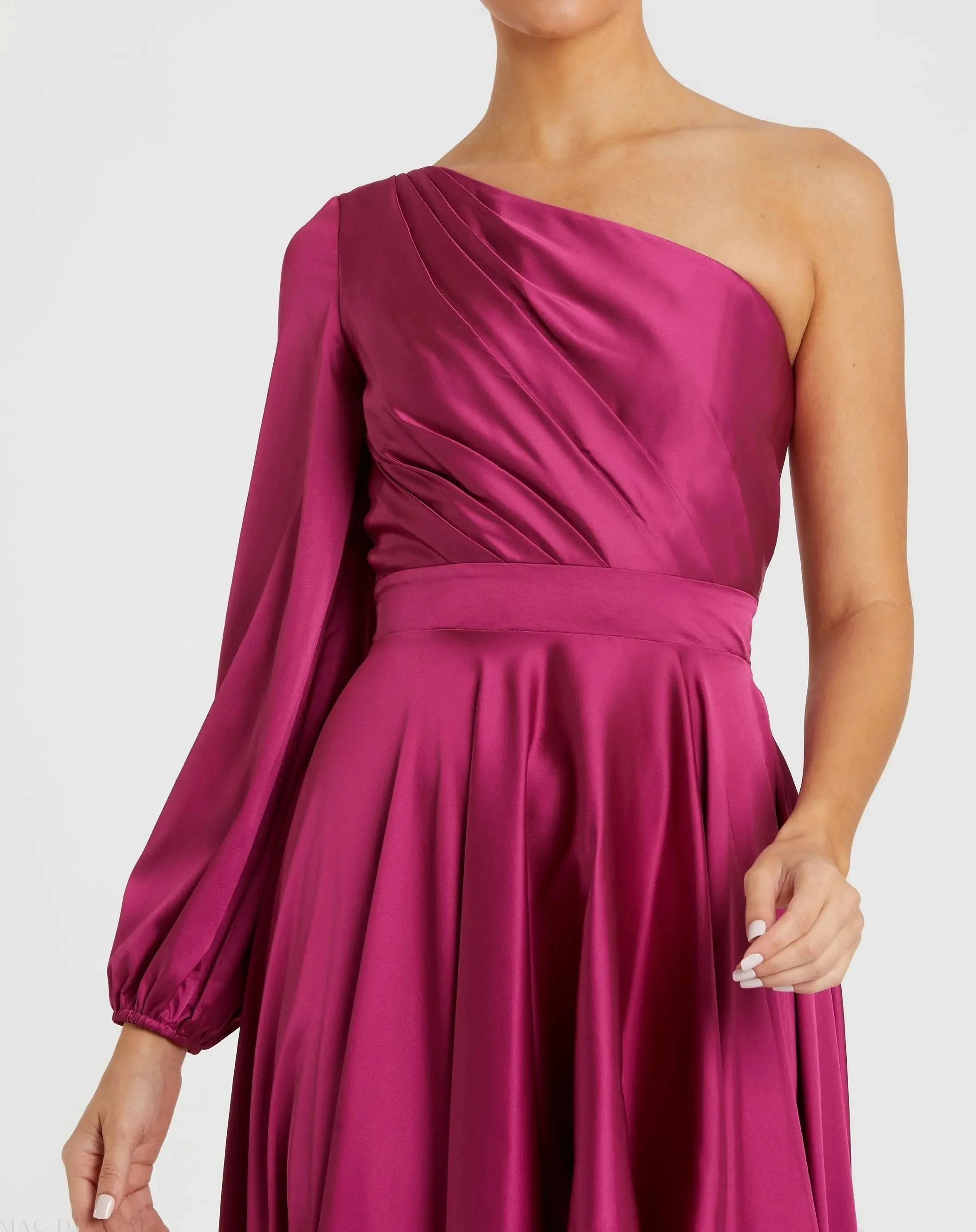 Purple Long Sleeve One Shoulder Satin High Low A-line Gown - FINAL SALE