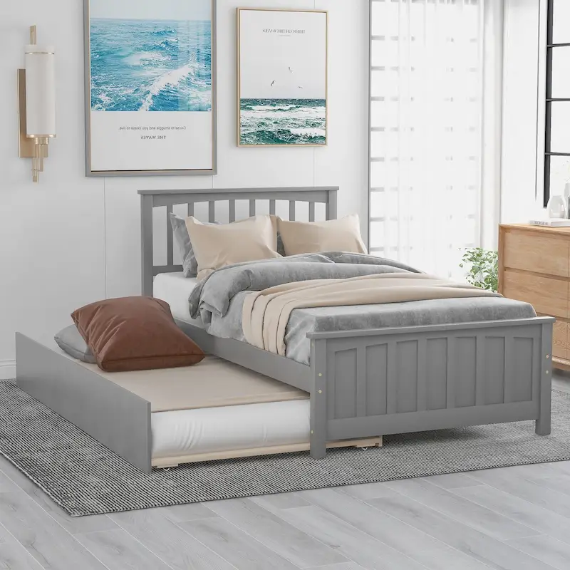 Grey / White Solid Pine Twin Platform Bed with Trundle – Modern Style, 1–2 Person Use