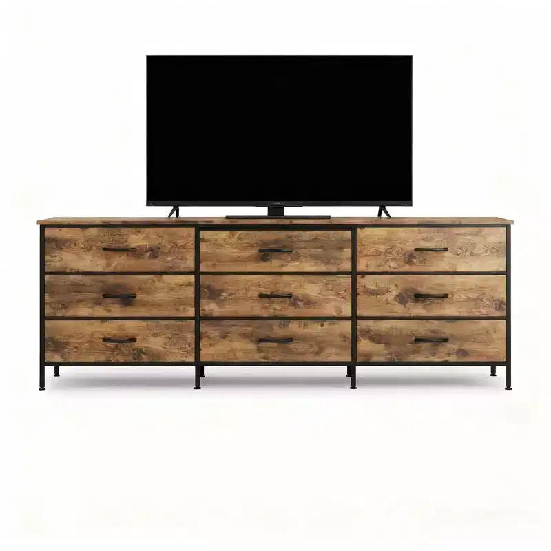 MAYEERTY Living Room TV Stand with 9 Fabric Drawers, Media Storage Console Furniture