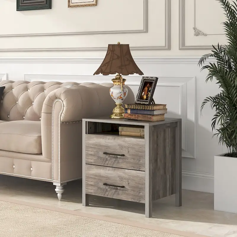 Nightstand w/ 2 Drawers Farmhouse Bed Side Table w/ Open Storage