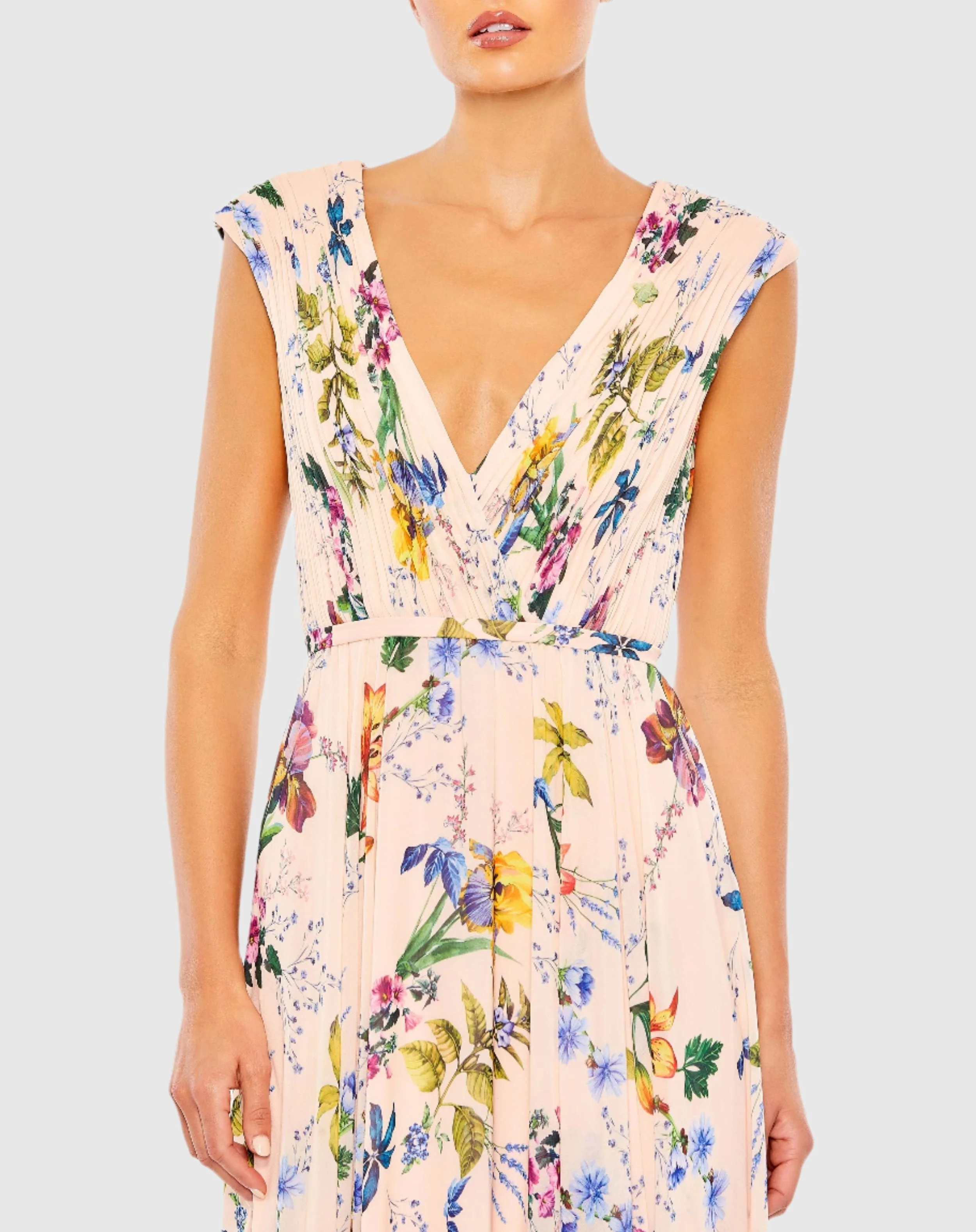 Pink Multicolor Pleated Floral Cap Sleeve A Line Gown