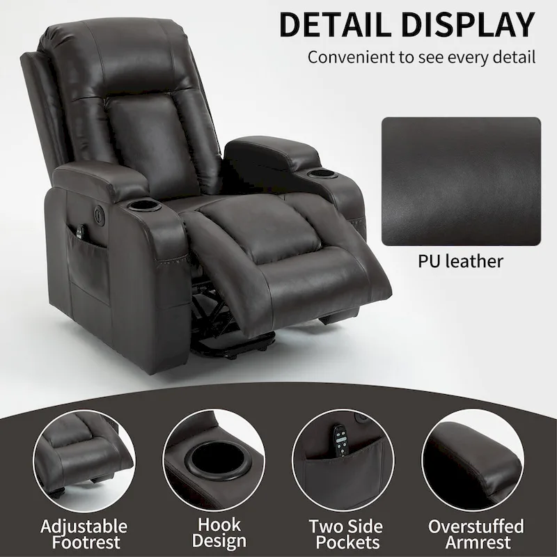 Power Lift Recliner with Massage, Heat and Cup Holders – Black / Brown, Single