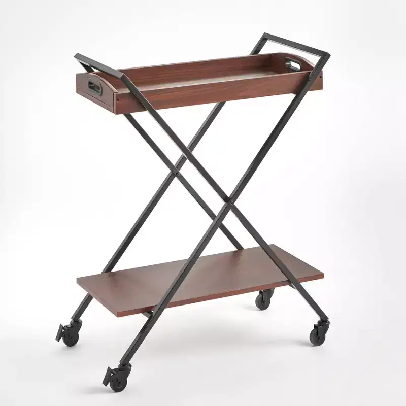 Buylateral Landress Metal Frame Bar Cart with Serving Tray Walnut/Black