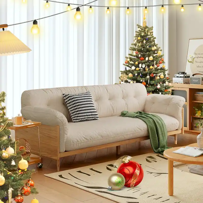 JASIWAY Modern 3-Seat Upholstered Cotton Linen Sofa,Beige