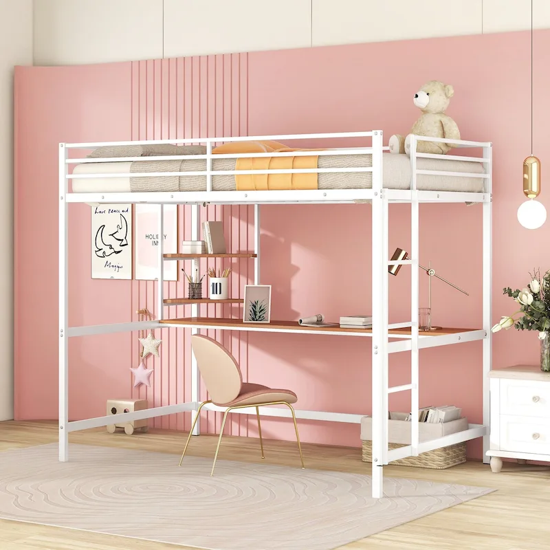 White Full Size Metal Loft Bed with Desk, Ladder & Shelves | Kids & Teens