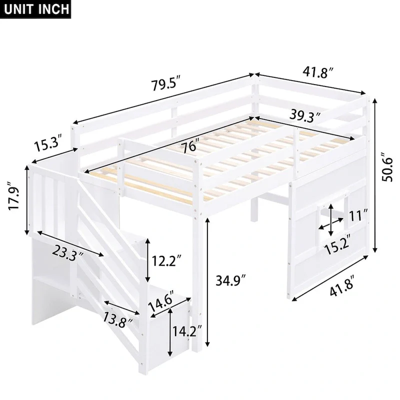 Twin Solid Wood Loft Bed with Storage Staircase