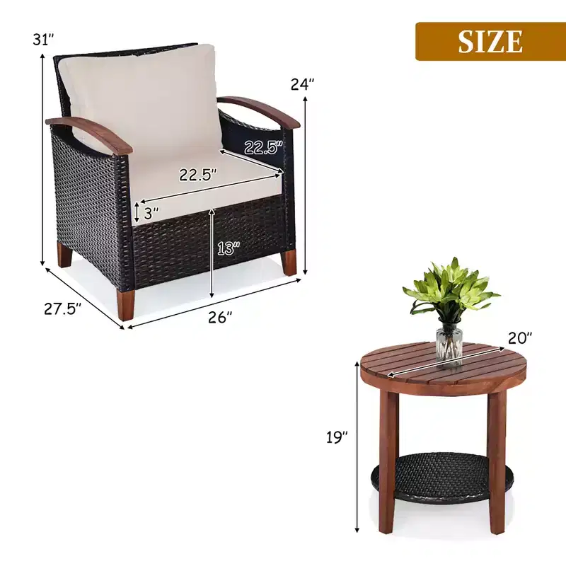 Costway 3PCS Patio Rattan Furniture Set Wooden Frame Cushion Table Shelf Red\Beige\Blue