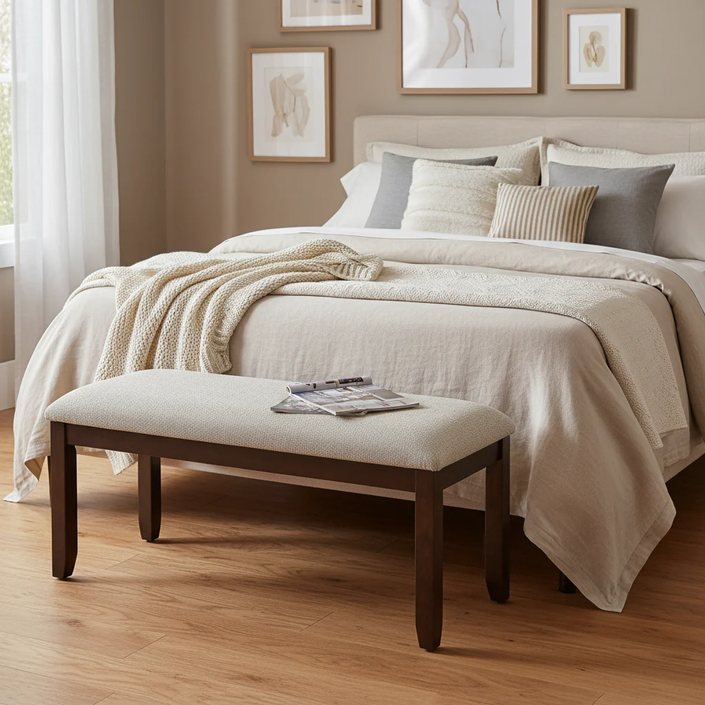 Humpty 43 Inch Bench, Gray Polyester Upholstery, Cherry Brown Solid Wood