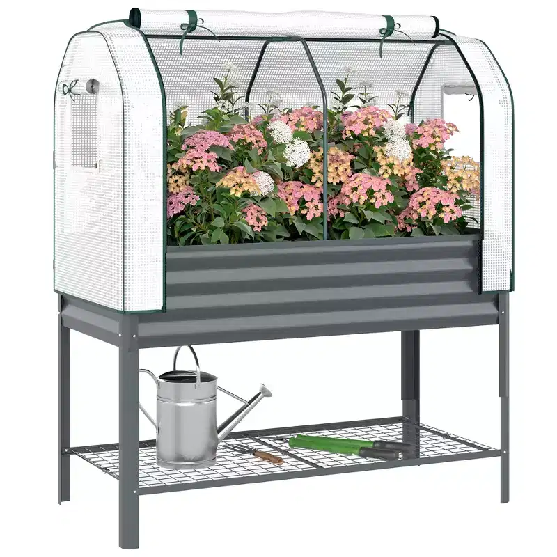 Outsunny Galvanised Raised Garden Bed with Greenhouse Cover, Metal Elevated Garden Bed with Bed Liner and Bottom Shelf