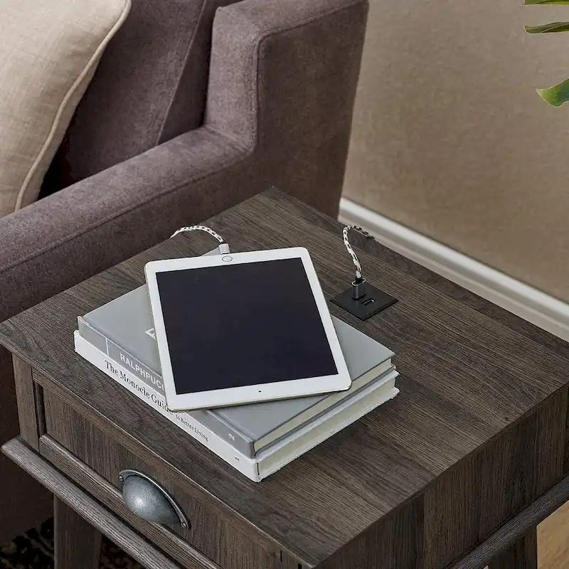Caffoz Tall Side End Table with Fully Extended Drawer and USB Hub