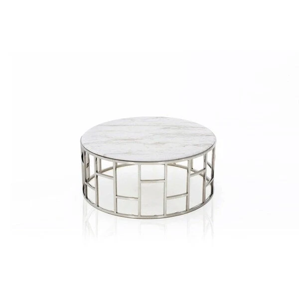 White Marble Round Coffee Table, Stainless Steel Base, 1-Seat