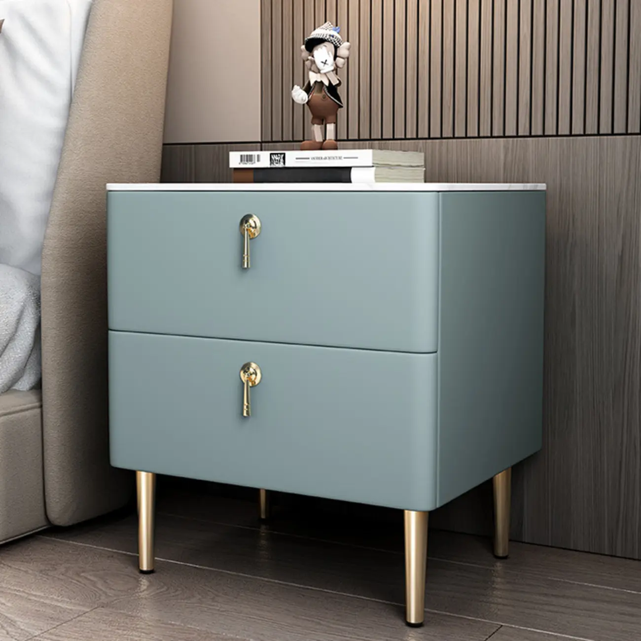 Modern Stone Top Gold Accents Leather 2 Drawer Nightstand