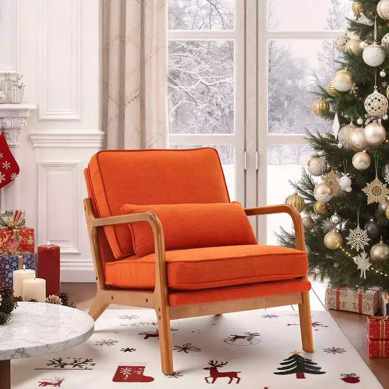 Karl Home 2Pcs Mid Century Solid Wood Accent Chair Upholstered Armchair with an Extra Pillow