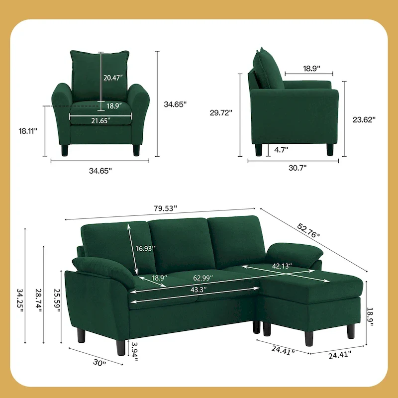 3-Piece Living Room Sectional Sofa Set with Chair and Ottoman