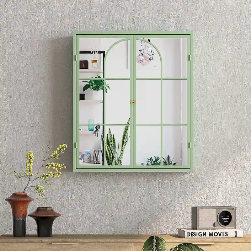 23.62  Vintage Two Door Wall Cabinet with Mirror,Three-level Entrance Storage Space for Living Room,Bathroom,Dining Room,Green