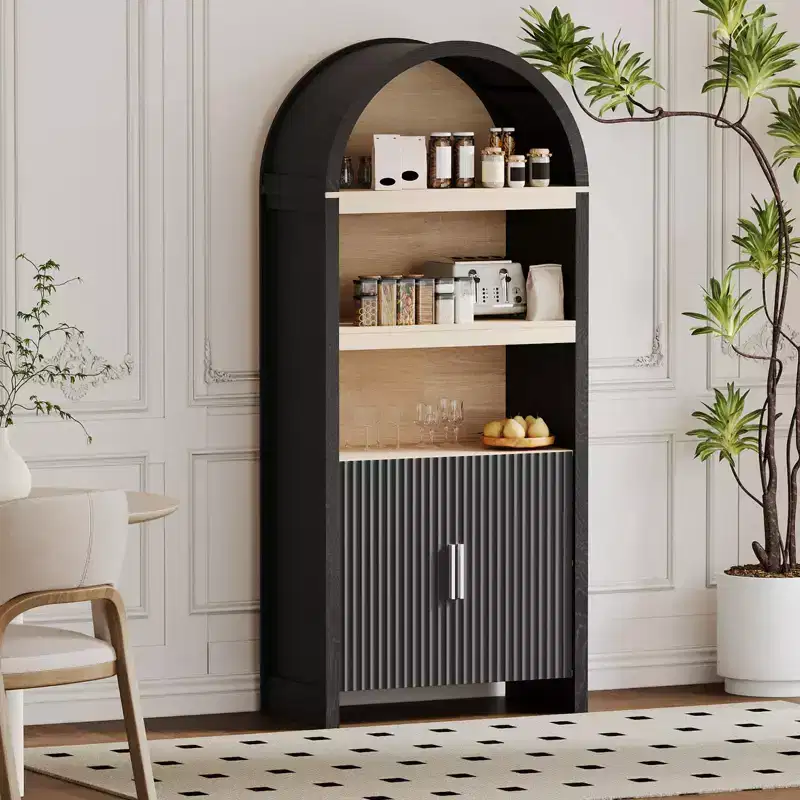 GustoWave 71'' 5 Tier Bookcase Arched Storage Cabinet, Farmhouse Wooden Kitchen Pantry Display Storage Cabinet with Open Shelves, Black
