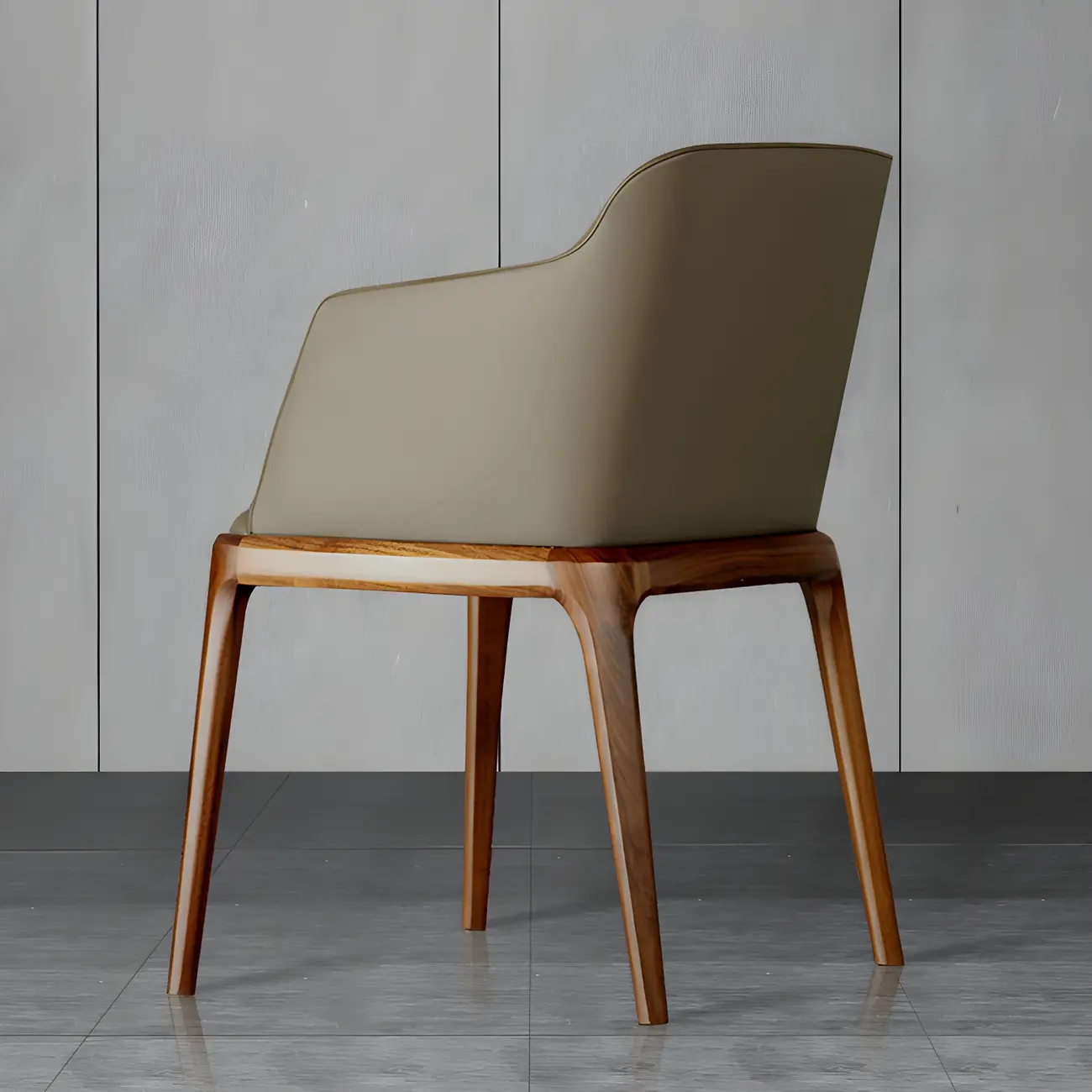 Khaki Leather Wood Legs Armrest Dining Chair