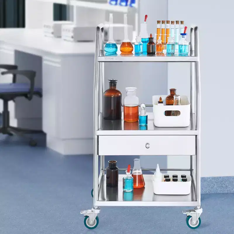 VEVOR Lab Serving Cart, 3 Layers Stainless Steel Utility Rolling Cart, Medical Cart with A Drawer, Dental Utility Cart with Lockable Wheels