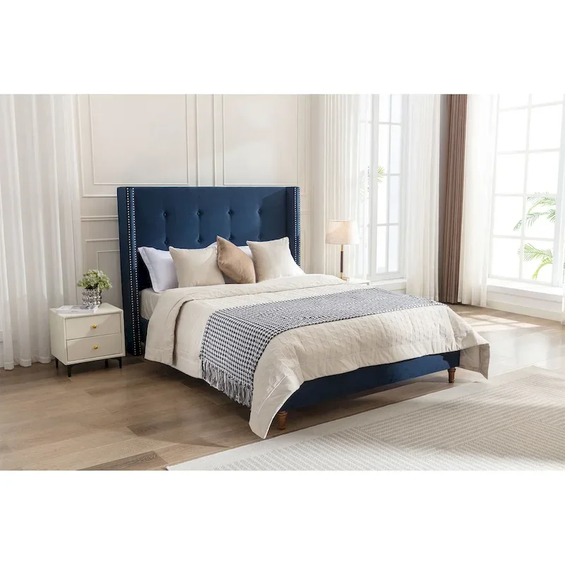 Queen Upholstered Velvet Bed, Wingback Tufted Headboard, Blue / Ivory, For 2