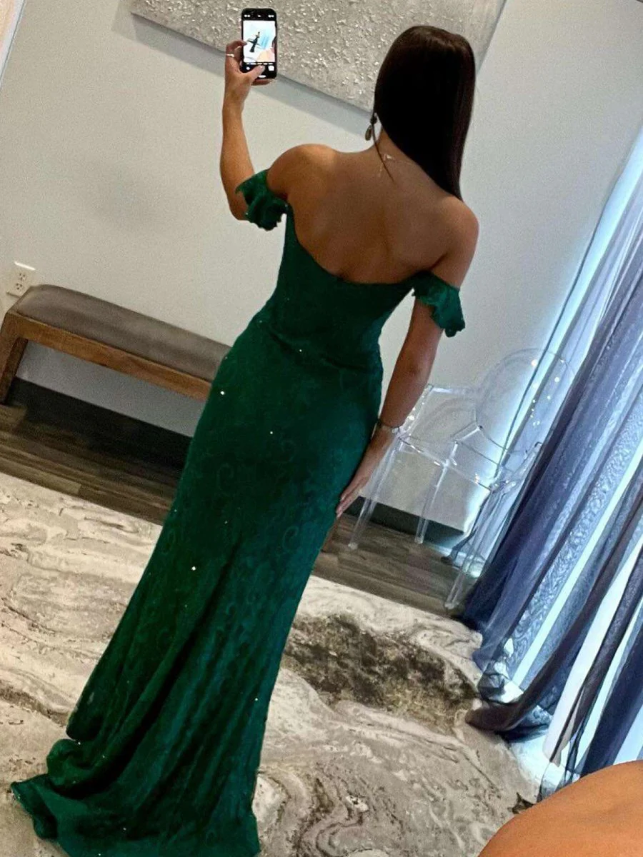 Mermaid Emerald Off the Shoulder Lace Long Prom Dress