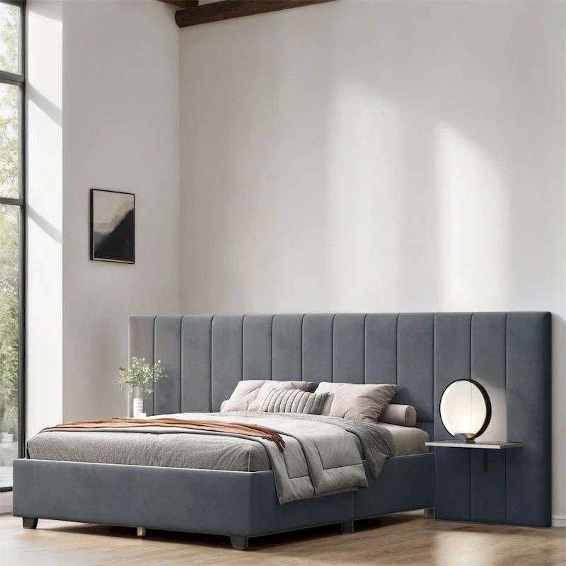 Queen Size Velvet Upholstered Platform Bed with Big Headboard