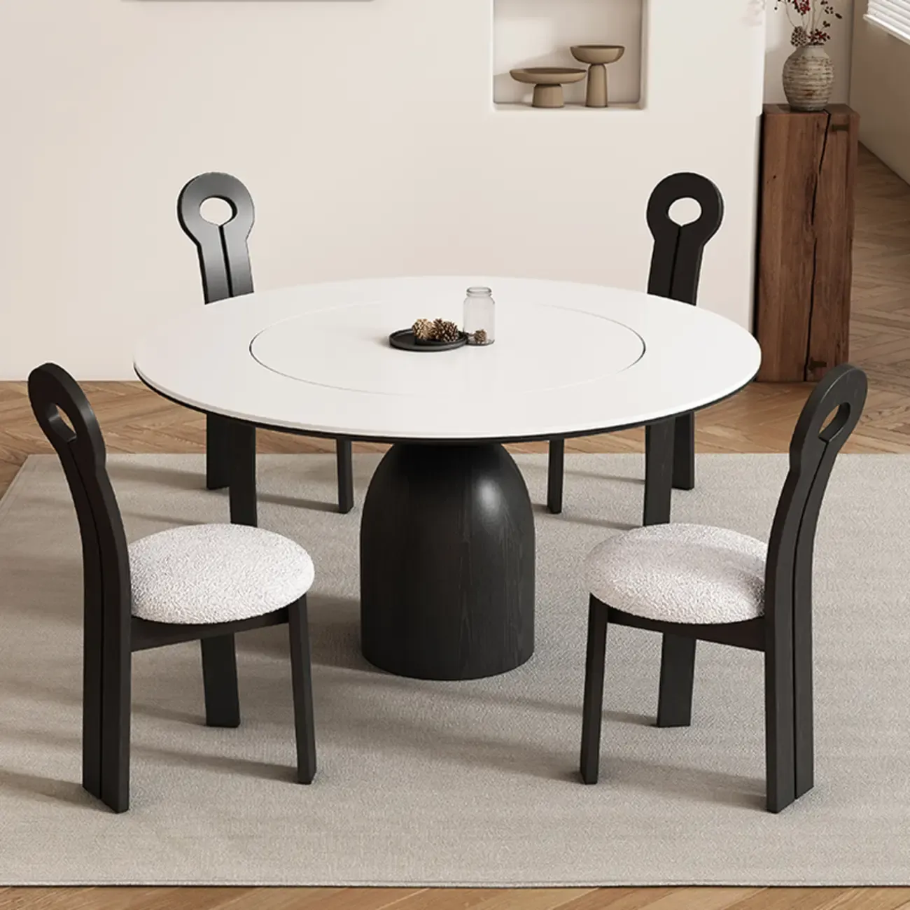 Simple Black Wood Round Stone Dining Table