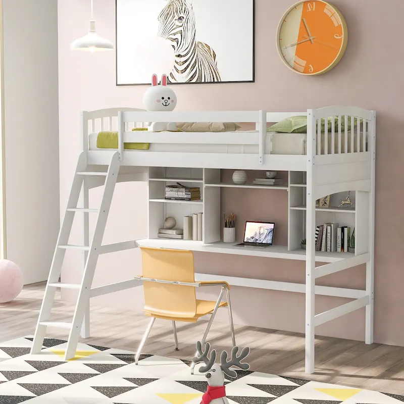 Loft Bed with Storage Shelves, Desk and Ladder