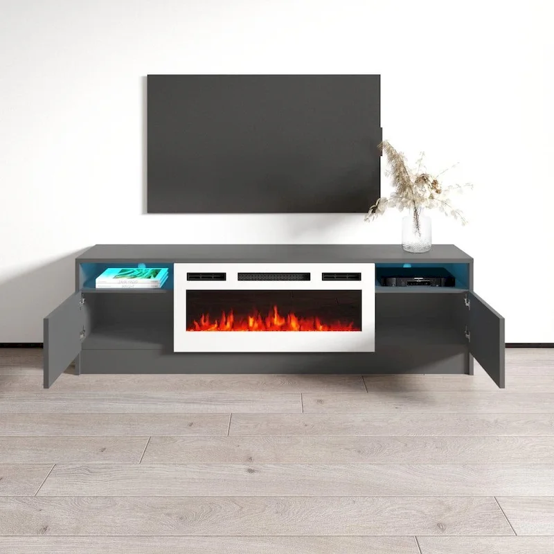 63 Inch TV Stand with Electric Fireplace Insert and LED Lighting