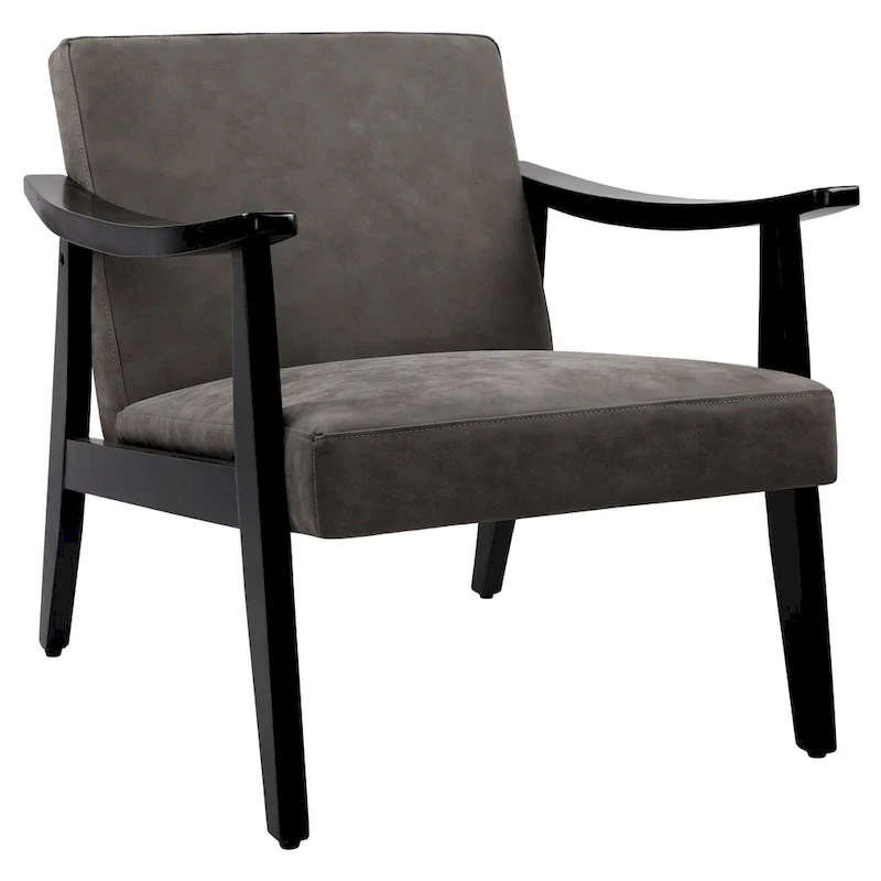 Faux Leather Accent Chair Solid Wood Armchair in Black Finish