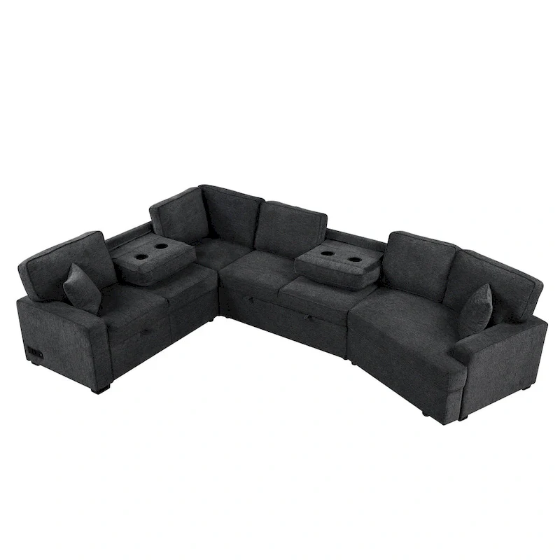 Black 126 L-Shaped 6-Seater Sofa with Pull-Out Bed and Cup Holders