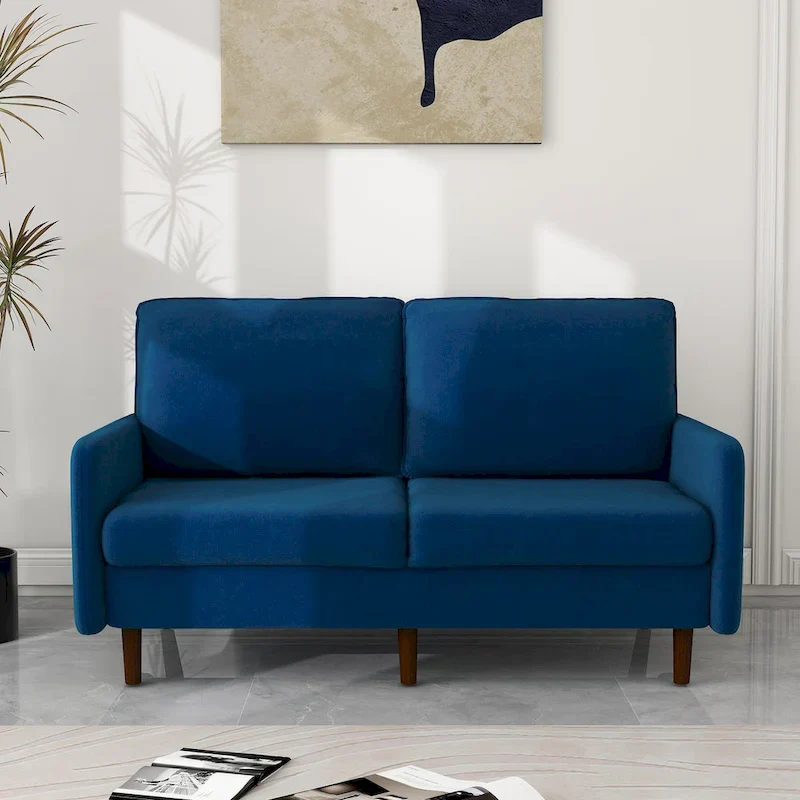 Blue Velvet Loveseat with Wooden Legs - 2 Seater