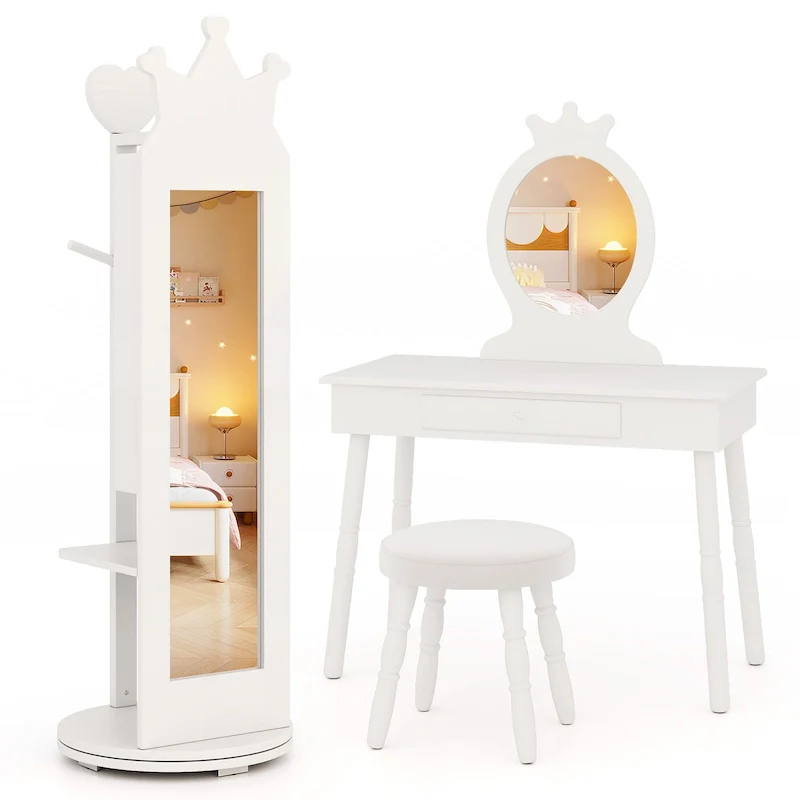Gymax Kids Vanity Set Princess Makeup Dressing Table & Chair Set w/