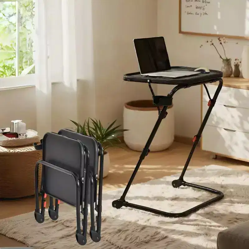 FurnitureR Adjustable Folding TV Tray with 4 Height & 3 Tilt Angle, Dinner Trays Laptop Snack Table with Cup Holder for Bed & Sofa, Set of 3, Black