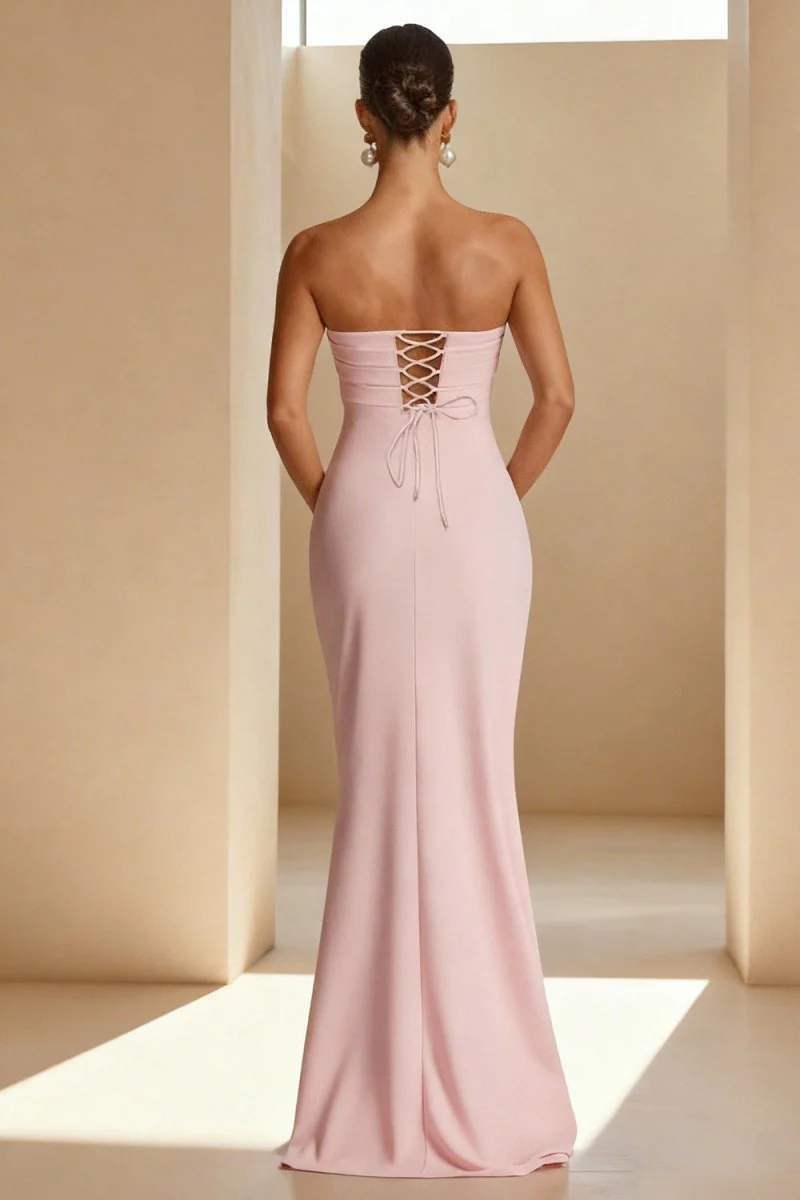 Pink - Mermaid Strapless Satin Pleated Long Prom Dress with Slit