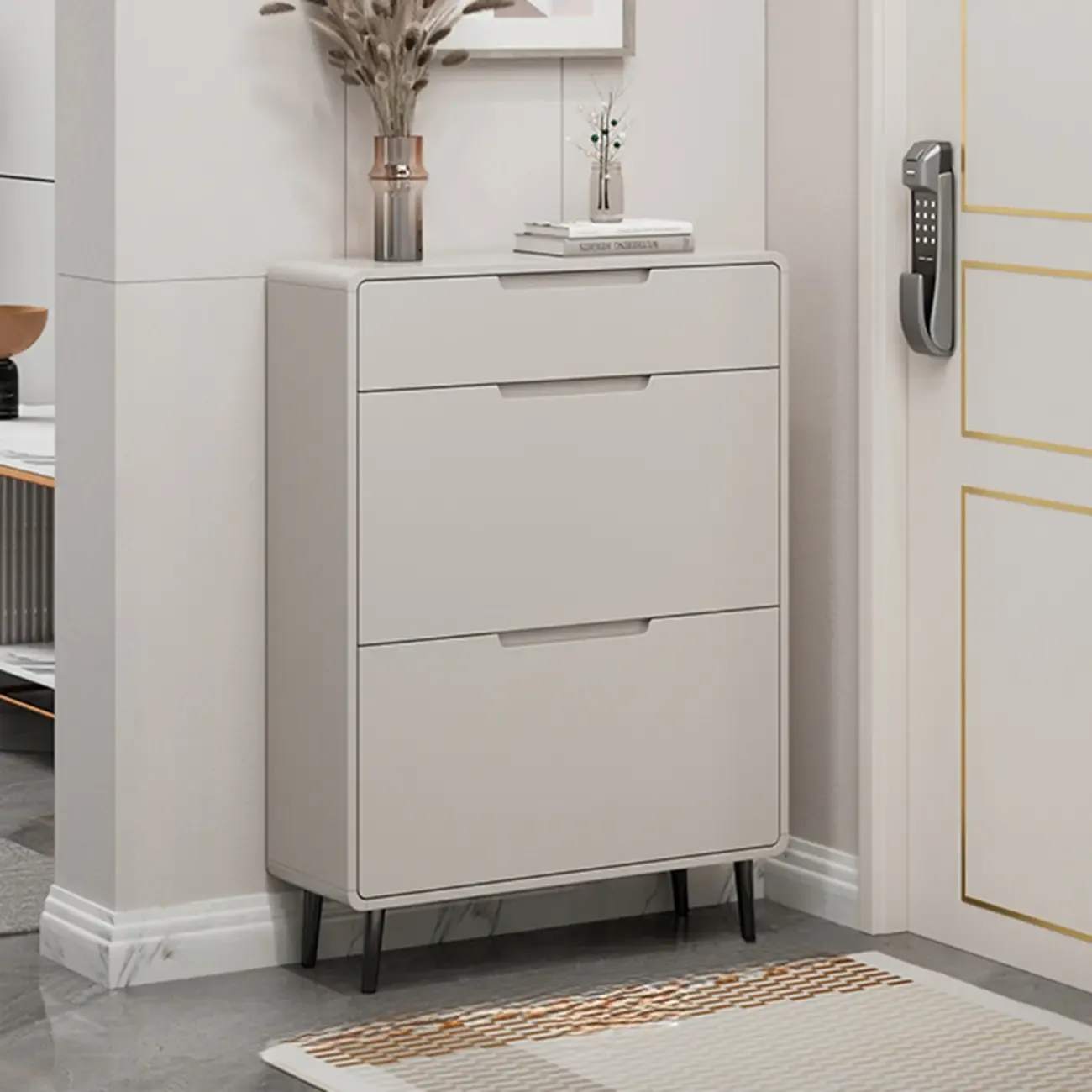 Drop-Front Beige Wood Entryway Shoe Cabinet with 2-Drawer