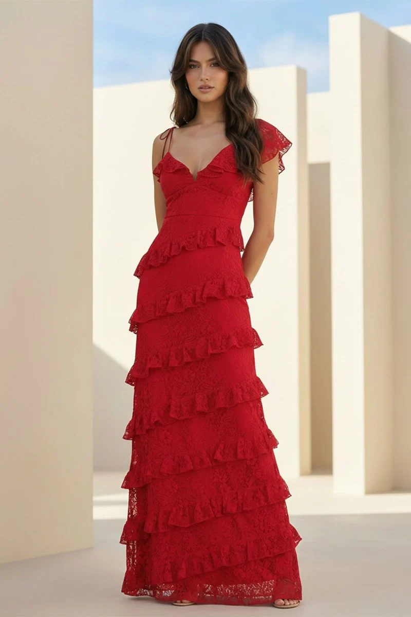 Red Sheath V Neck Lace Long Prom Dresses With Ruffles
