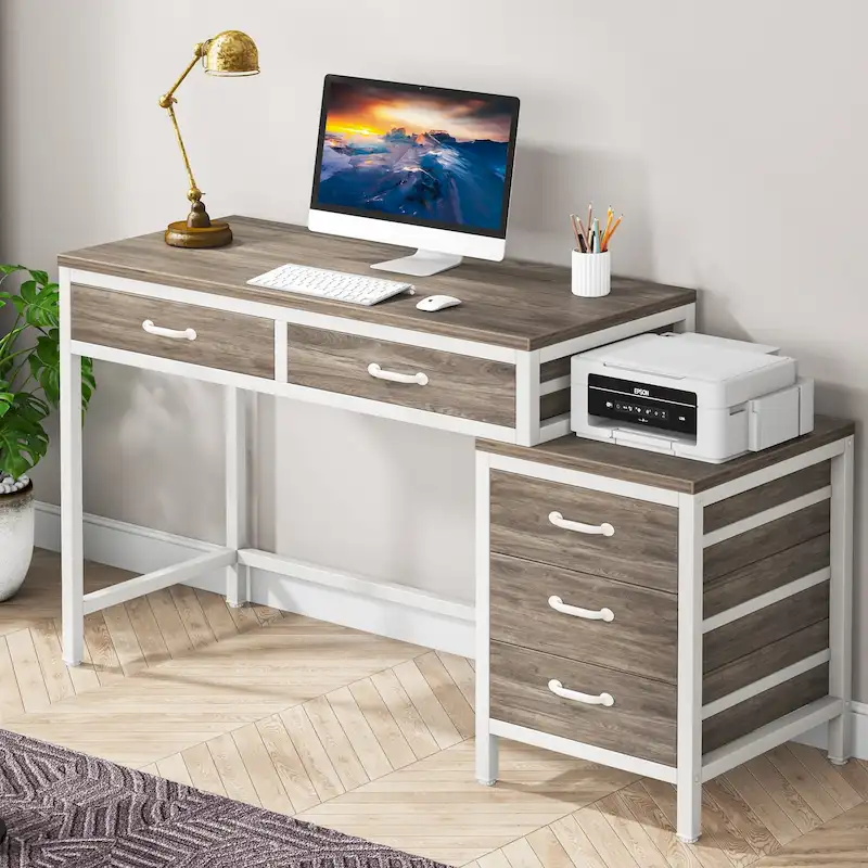Reversible Computer Desk with 5 Drawers, Home Office Desk with File Cabinet Drawer Printer Stand