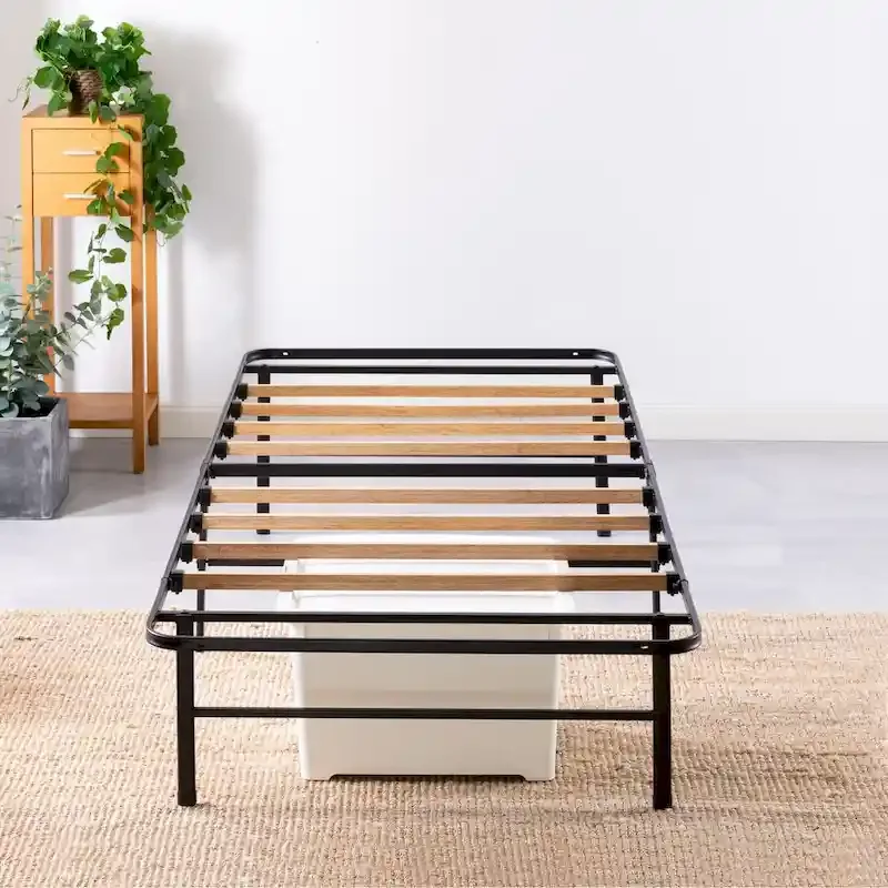Black 14-Inch Steel Platform Bed Frame with Bamboo Slats – Twin, Twin XL, Full, Queen or King