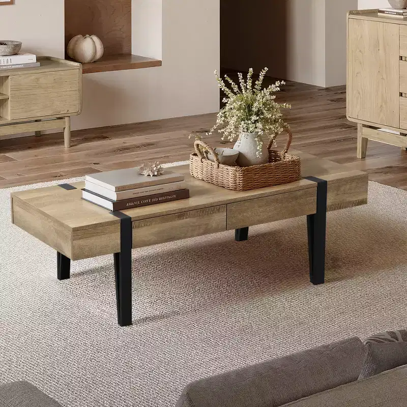 LuxenHome 47 Coffee Table with 2 Drawers Black Metal Legs Farmhouse Oak Finish Wood Center Table