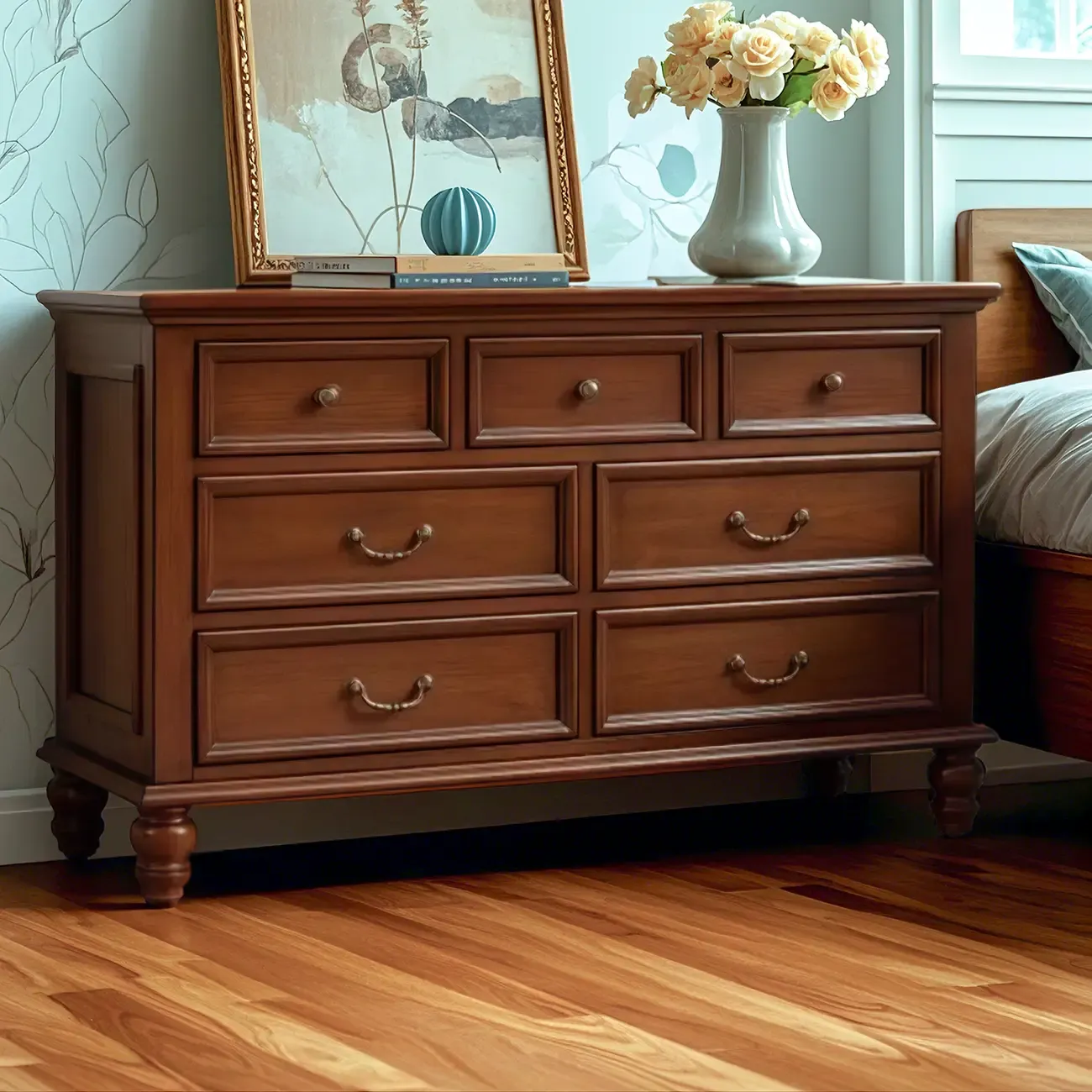 Vintage Brown Lacquered Chest with 7-Drawers for Bedside