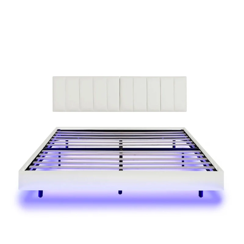 Floating Bed Frame With Led Lights And Wall Mounted Headboard
