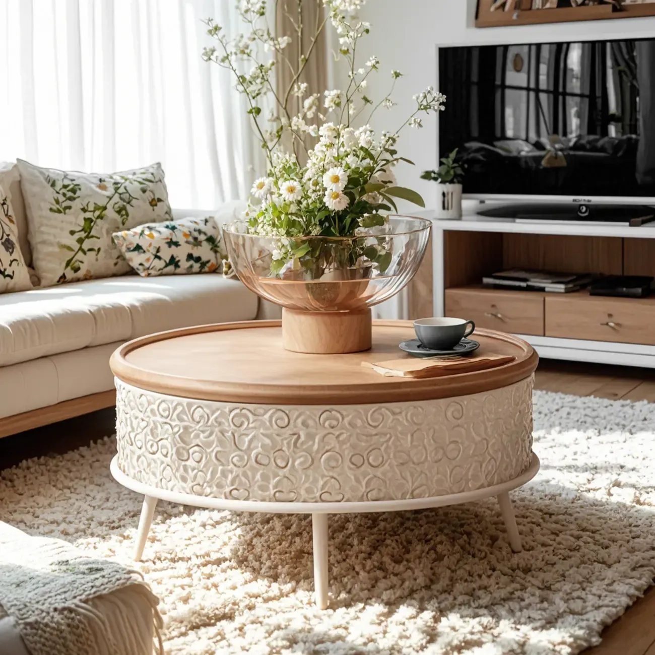 Natural Sophisticated Hollowed French Round Wood Coffee Table