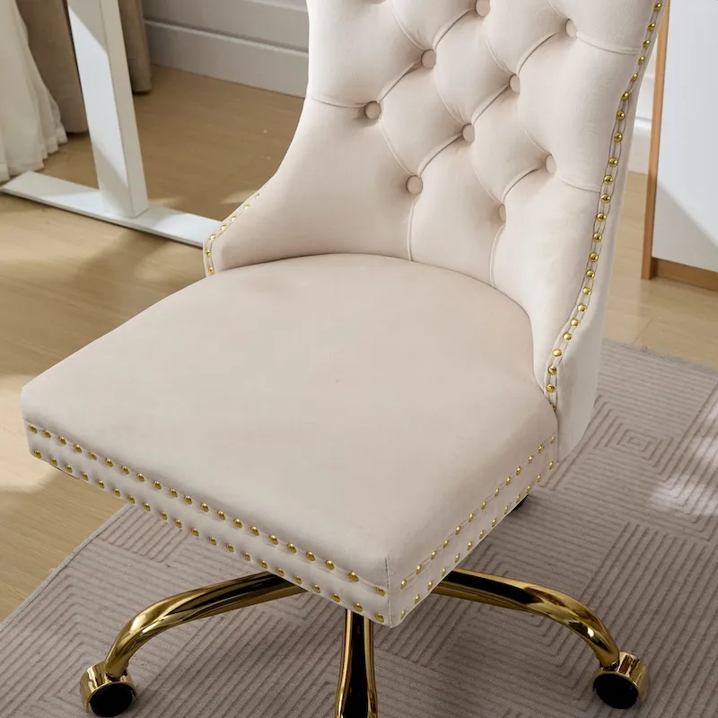 A&A Gray Velvet Tufted Home Office Chair with Golden Metal Base - Adjustable Swivel Desk Chair