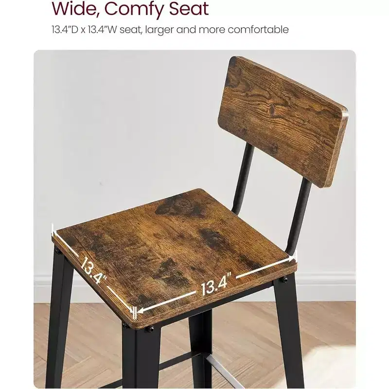 VASAGLE Set of 2 Bar Stools, Bar Height Stools, Tall Bar Stools with Back, Bar Chairs, Steel Frame, Industrial Style
