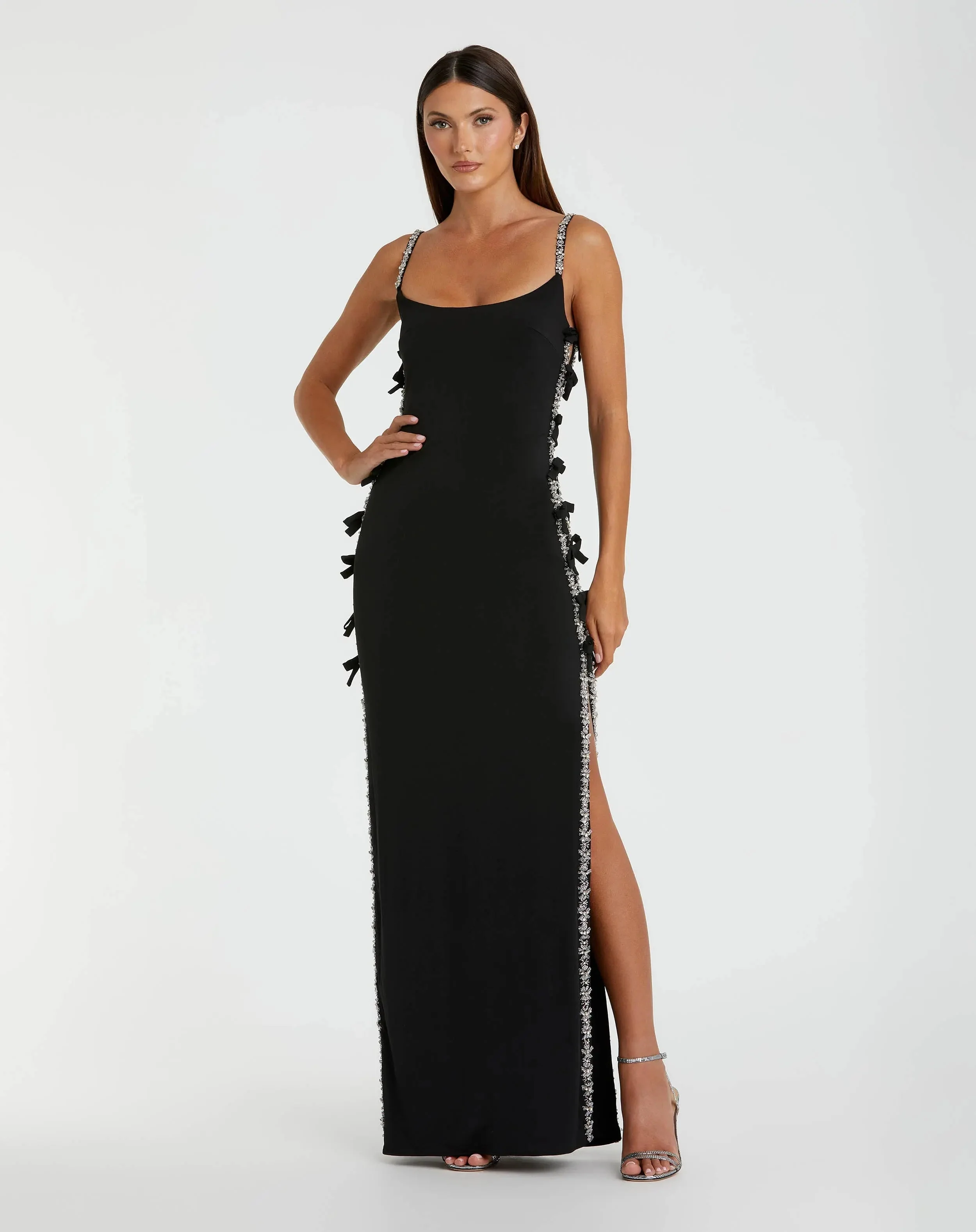 Black Thin Strap Jersey Gown With Bow Details