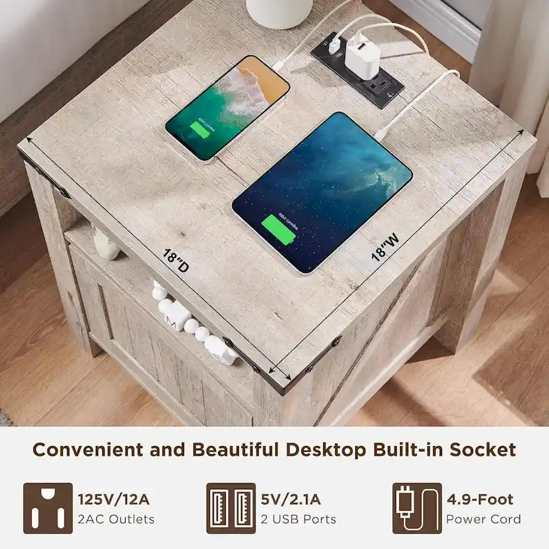 Farmhouse Nightstand with Charging Station, Wood End Table, Side Table