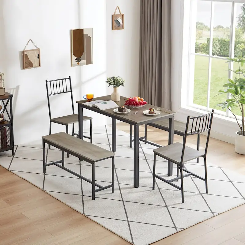 Brown / Grey Industrial Dining Table Set with 2 Benches & 2 Back Chairs, Seats 4