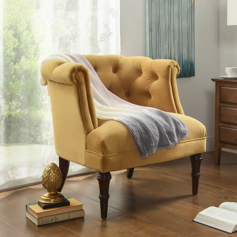 Purple / Yellow Gold / Navy Blue / Peach Salmond / Beige / Ruby Red Mid-Century Rolled Arm Button Tufted Accent Chair - Single Use