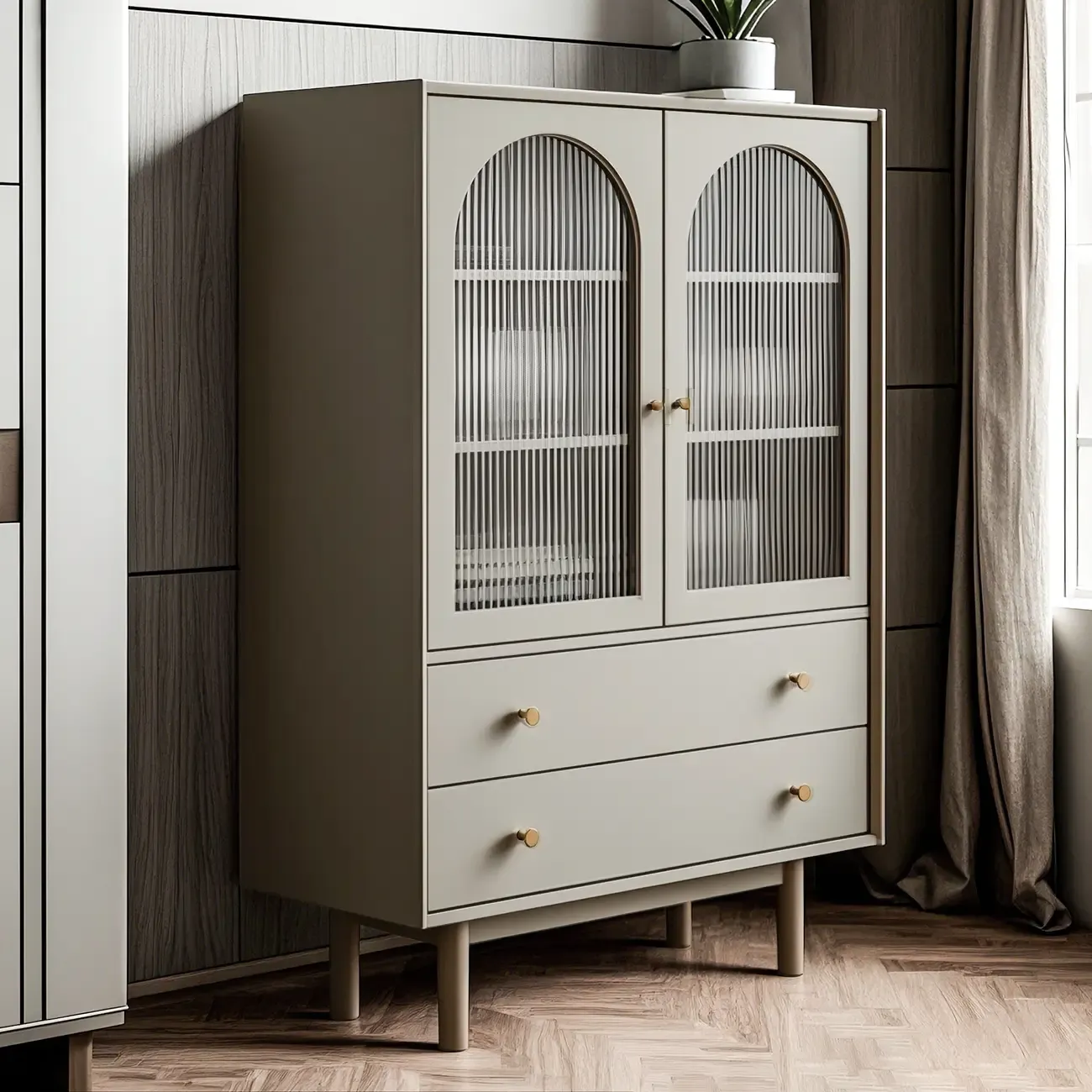 Elegant Wooden Combo Dresser with Shelves and 4-Drawers